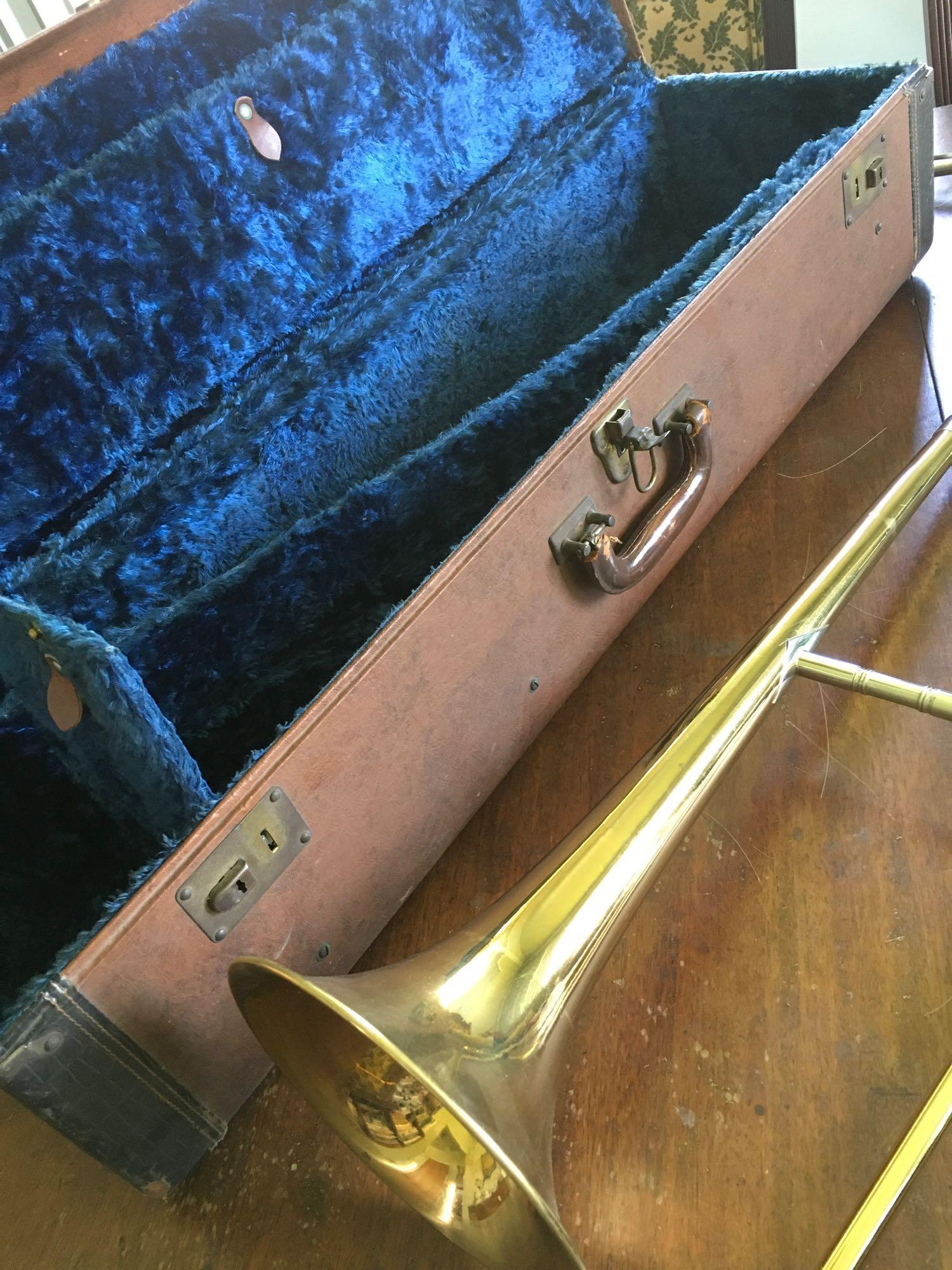 C.G. Conn Trombone Ser. #349013 has Engraved 7" Bell, some minor dents, accessories, West Craft case