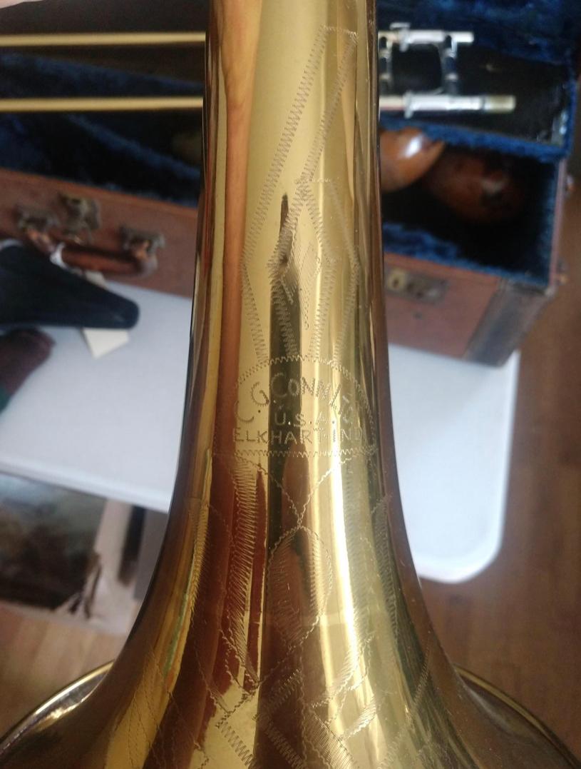 C.G. Conn Trombone Ser. #349013 has Engraved 7" Bell, some minor dents, accessories, West Craft case