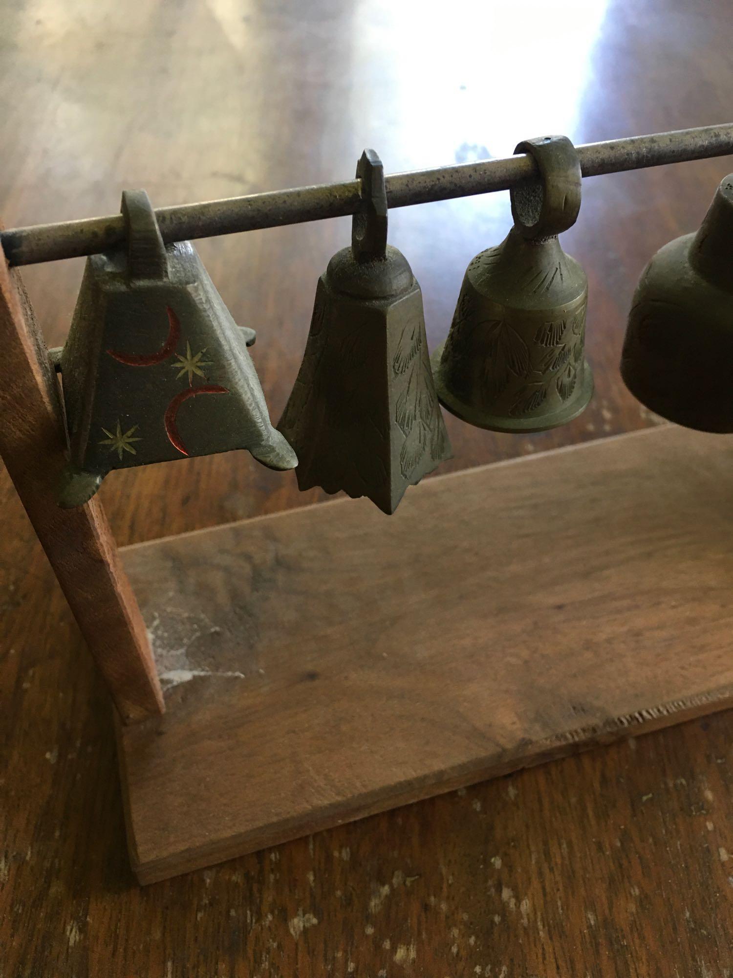 Vintage. Metal wind chimes 1) stamped India with 5 bells 1) two bells both with intricate designs