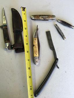 Vintage assorted knives 5 & straight blade razor,