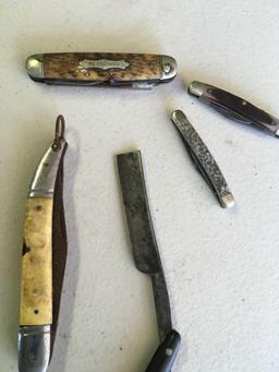 Vintage assorted knives 5 & straight blade razor,