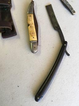 Vintage assorted knives 5 & straight blade razor,