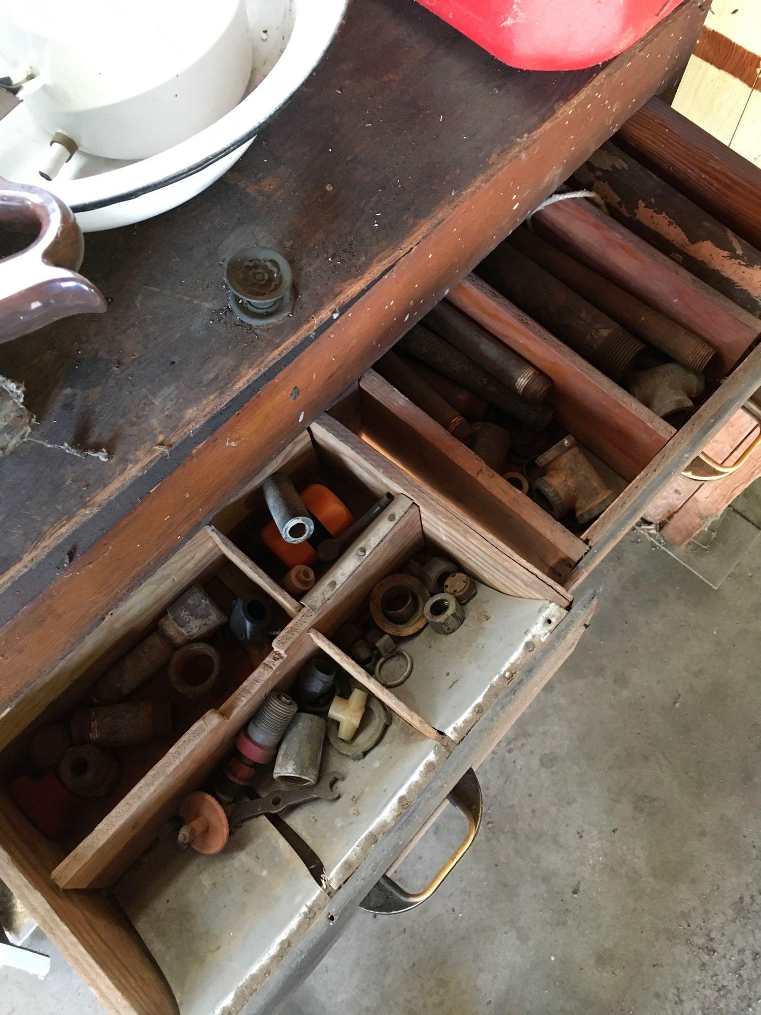 Vintage handmade cabinet with assorted tools & fasteners