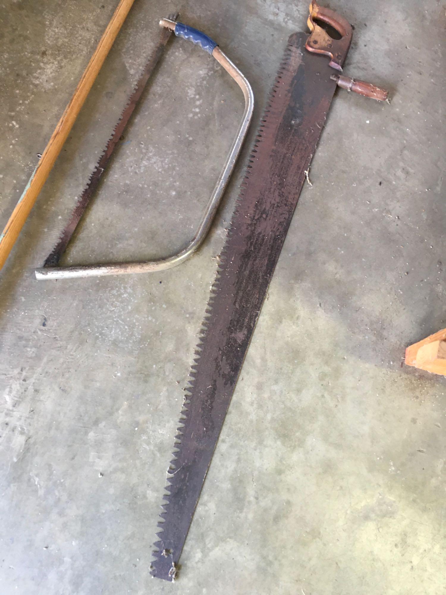 Vintage saws, 57" Handsaw, 30" tree trim saw, 88" branch Lopper