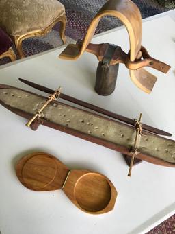 Vintage. Wood, bell, canoe, container