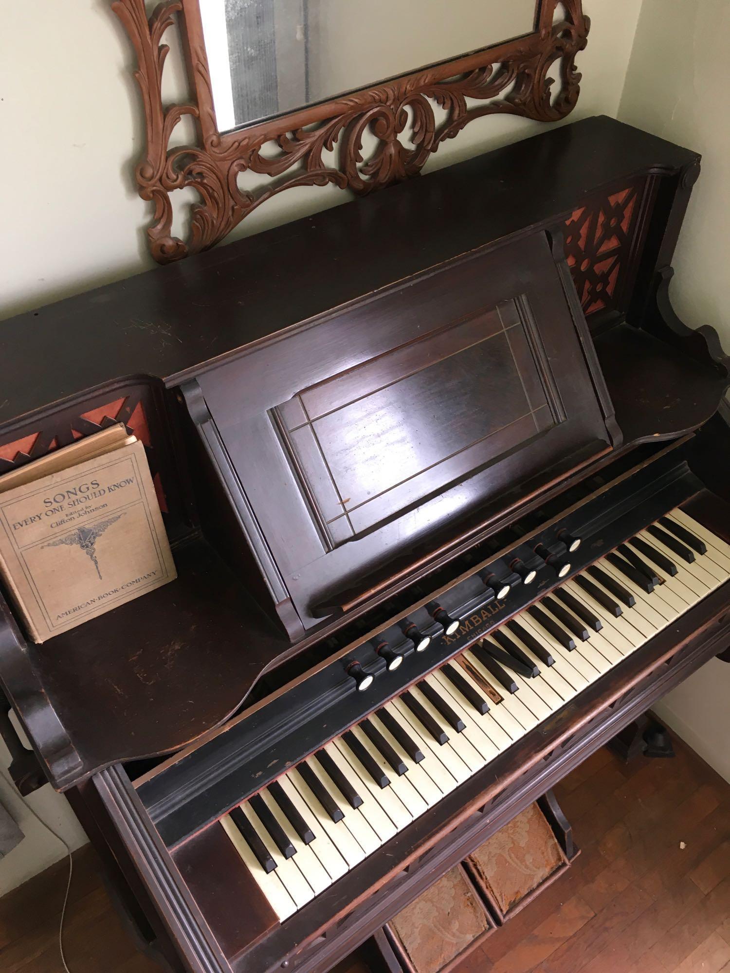 Victorian Kimball Chicago pump organ, stamped 189749 & "Songs Every One Should Know" book