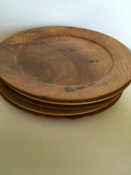 23 pieces. Myrtle wood plates and container. 8) 6", 5) 10", 1) 14", 1) container 8) tumblers