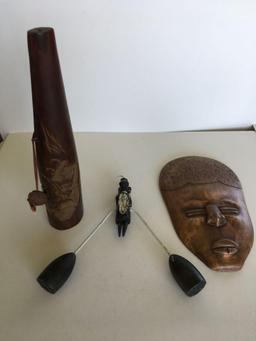 Assorted decorative items. Mask made in Mexico wood with metal figurine, wood hand carved bottle