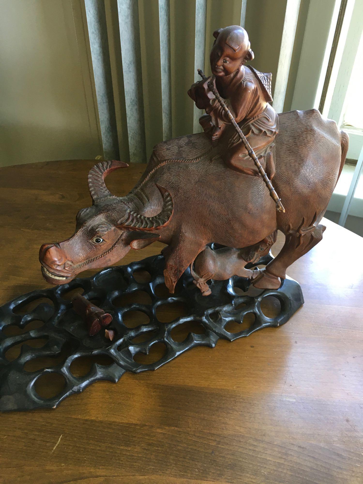 Vintage. Hand carved Wood. Oriental Man ridding Buffalo with baby figurines with stands.