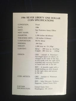 1986 American Silver Eagle Proof Dollar - 1oz Silver BU Velvet box & COA set of 2