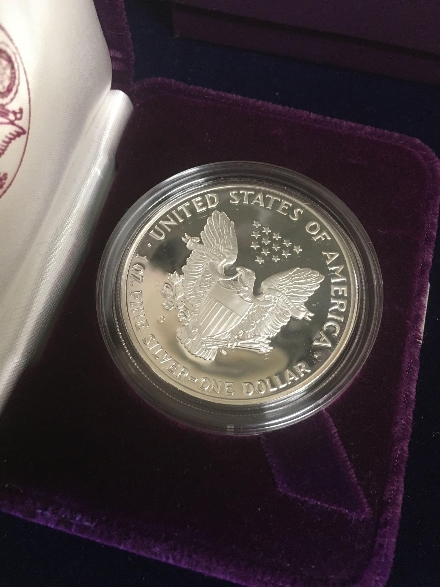 1986 American Silver Eagle Proof Dollar - 1oz Silver BU Velvet box & COA set of 2