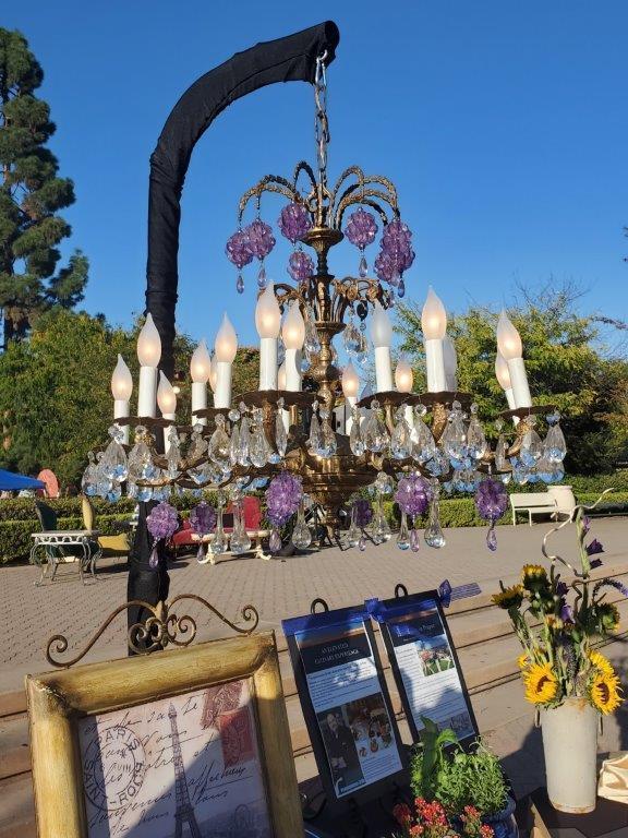 20 light 22" T x 28" W Chandelier with Purple accents. Missing some accents