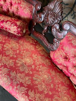 Victorian style couch with two pillows. 3' T x 70" W x 30"D