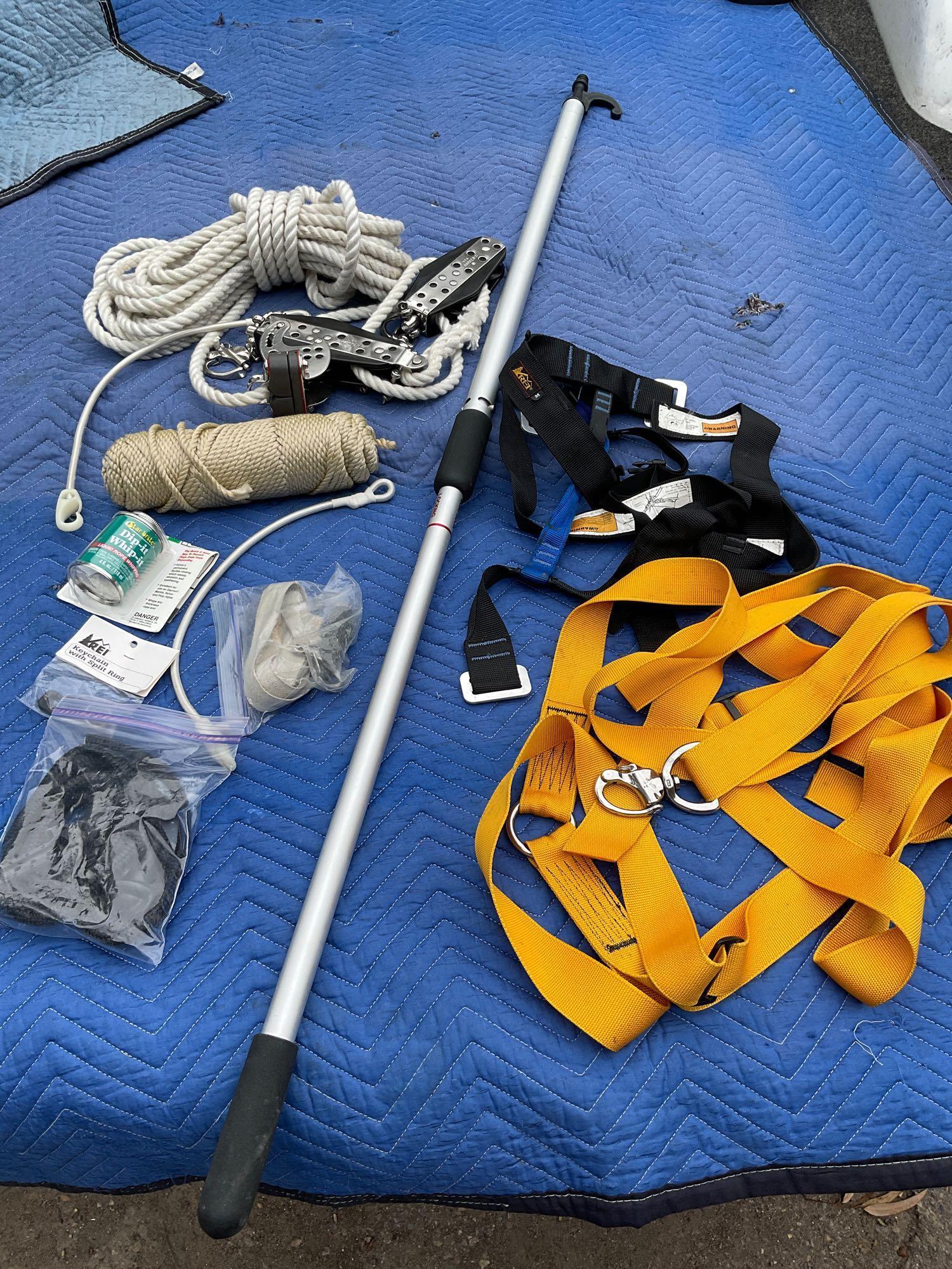 Boat accessories. Nailer boat hook, REI & Wichard harnesses, USA Harken pullies with rope, etc