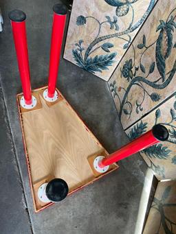 Custom wood top, metal tub legs, red table. 28" T x 29" D