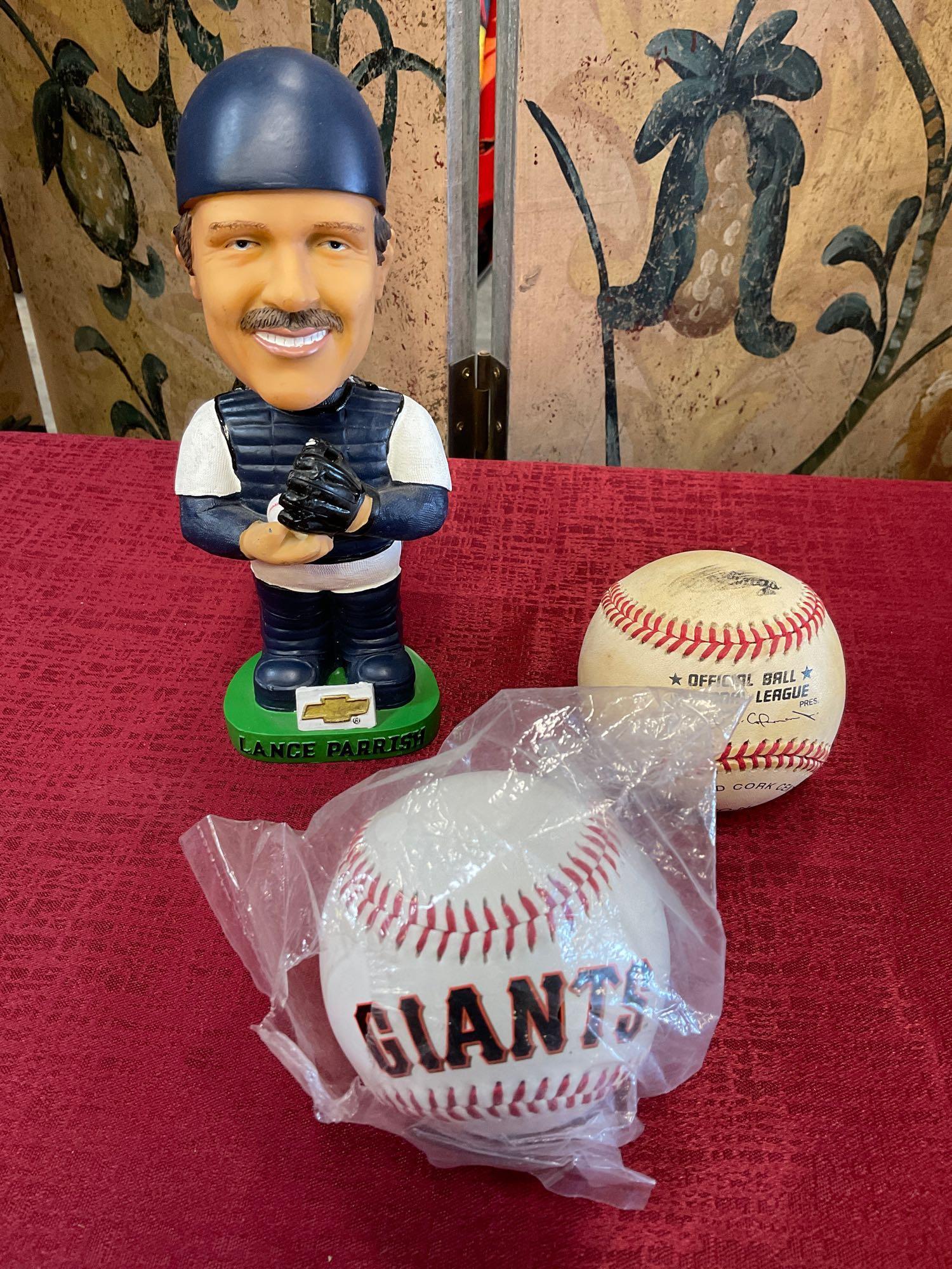 7" tall, Lance Parrish Bobble head figure, Giants Commemorative baseball, & Official National League