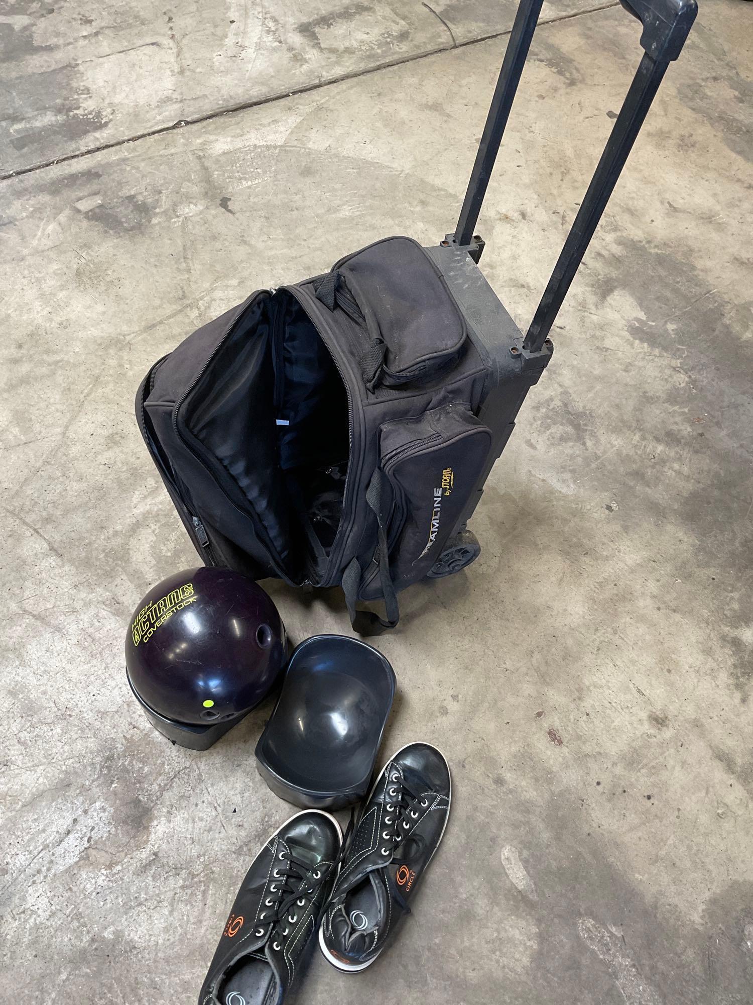 Bowling equipment. Streamline rolling bag, Circle size 11 shoes, Fury High Octane ball, 2 plastic