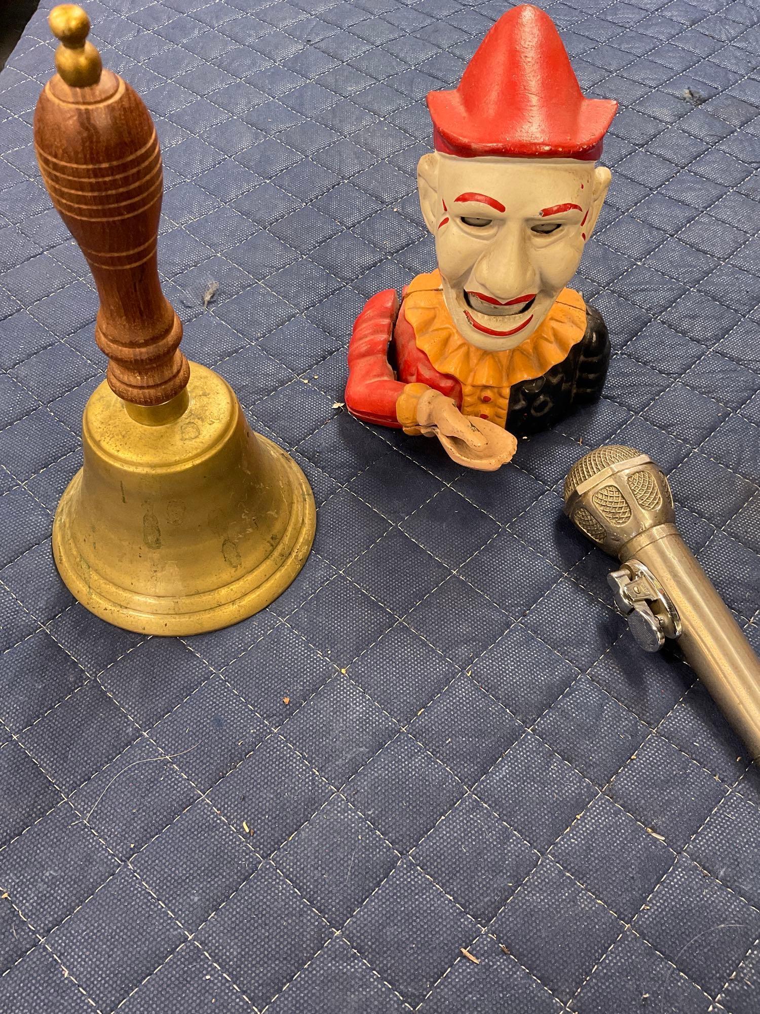 Collectibles,  Brass bell, Metal Clown Bank, Metal microphone lighter