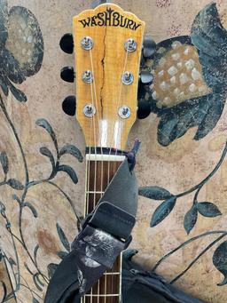 Washburn D46CE electric guitar, shoulder strap, case, cord, string