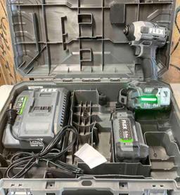 Flex 3L FX1371A impact driver with two batteries, charger station. Turned on with case
