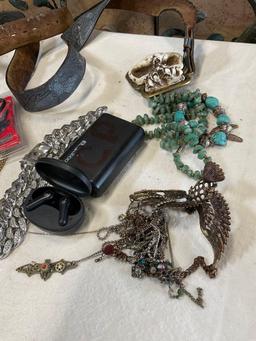 Grouping of assorted items, Air buds, costume jewelry, turquoise necklace, etc