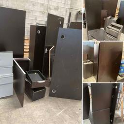 Assorted office desks and cabinets. Over 11 pieces. Could be damaged, missing pieces, etc