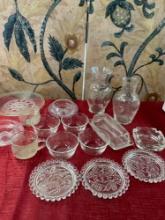 Glass items. Pyrex bowls & butter plate, vases, plate, cups, etc. 16 pieces