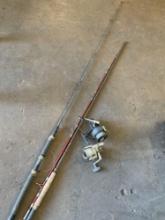Fishing rod, fishing rod pieces, Garcia Mitchell & Long Cast reels. 5 pieces