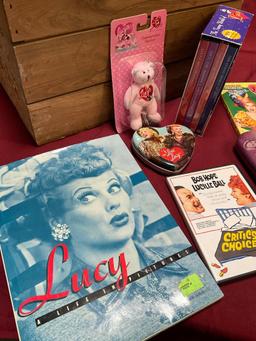 I Love Lucy/ Lucille Ball items & wood crate. 12 pieces