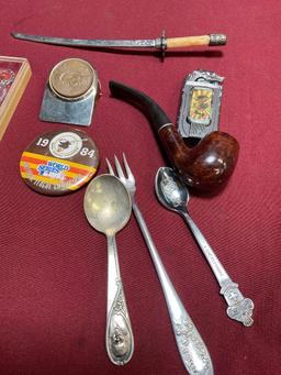 Collectable spoons, Peach and Friendship coin, Duke Dr Grabow pipe, etc. 10 pieces