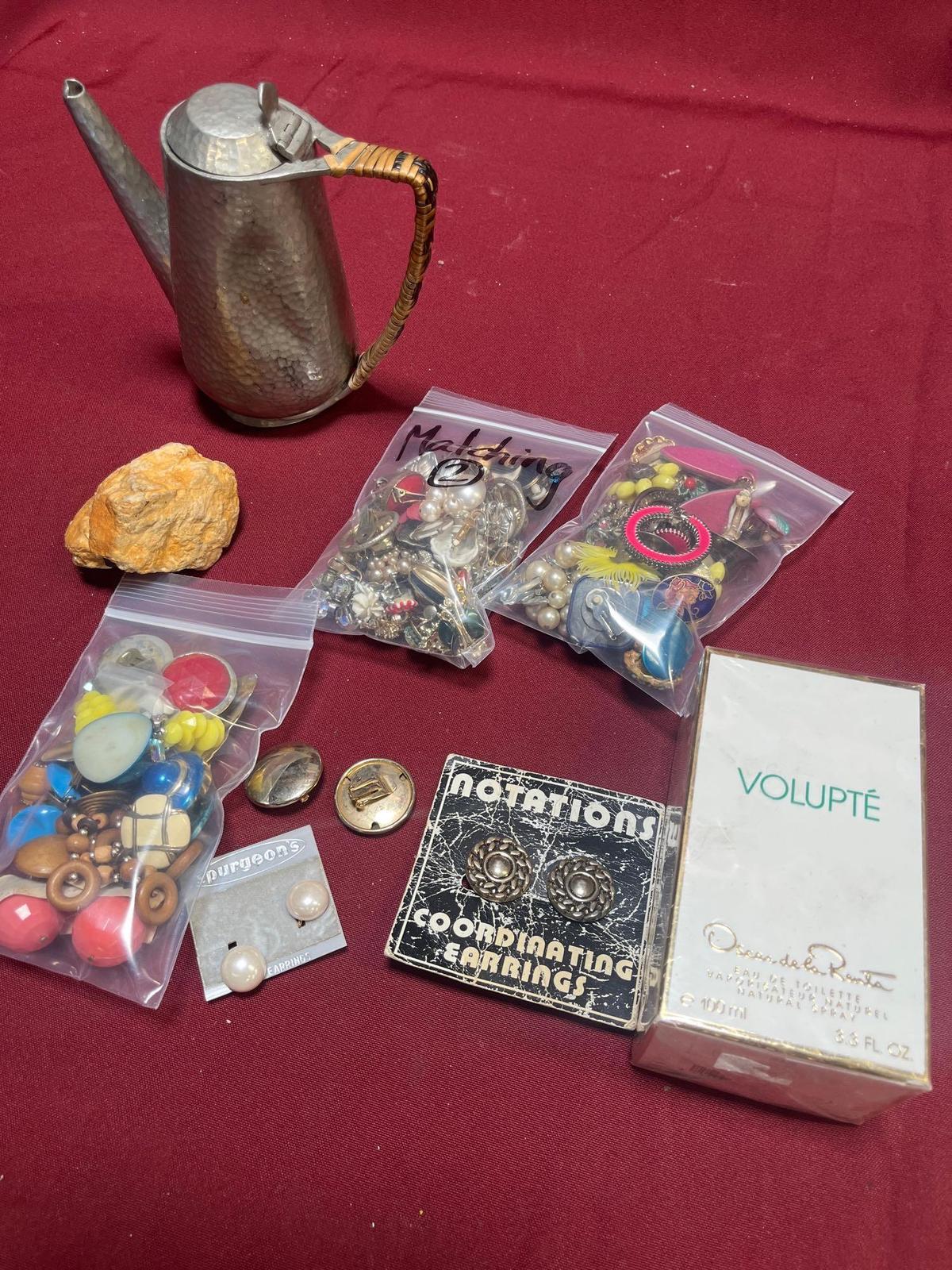 Lion Pewter tea pot, perfume, assorted earrings, etc