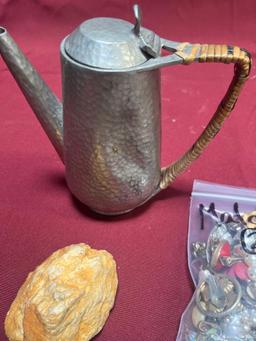 Lion Pewter tea pot, perfume, assorted earrings, etc