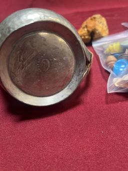 Lion Pewter tea pot, perfume, assorted earrings, etc