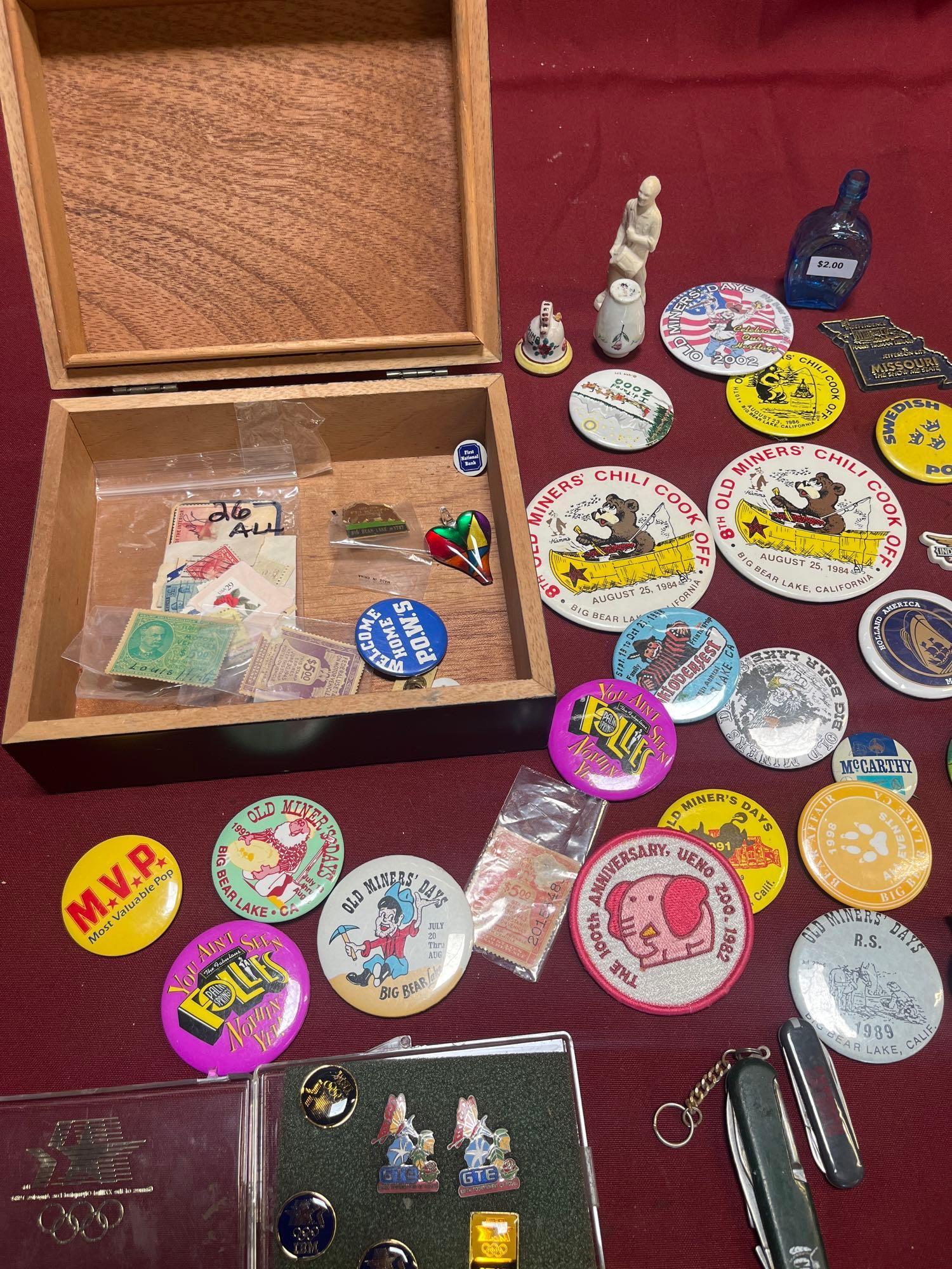 Wood box, assorted collection of buttons, stamps,foldable knIves, etc. Over 50 pieces