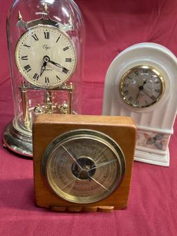 10" Elgin Quartz do me clock, 8" Lenox porcelain clock, 5" nautical Airguide barometer broken glass