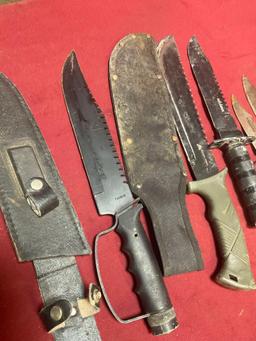 Assorted sheaths, machetes, knives. 10 pieces