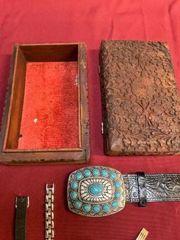 Wood jewelry box and assorted watches, belt buckle, etc. 12 pieces