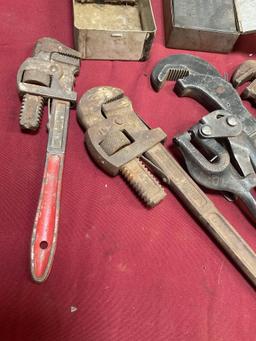 Assorted wrenches, drill bit boxes empty or with missing drill bits, Whitney hand punch. 7 pieces