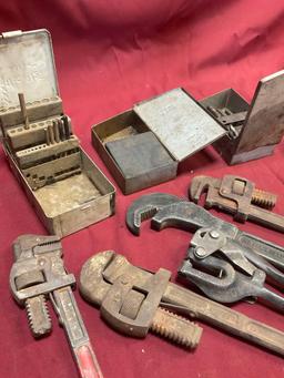 Assorted wrenches, drill bit boxes empty or with missing drill bits, Whitney hand punch. 7 pieces