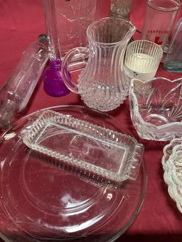 Glass items. lamp, plates, oil containers, vase, pitcher, etc. 18 pieces