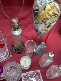 Glass items. lamp, plates, oil containers, vase, pitcher, etc. 18 pieces