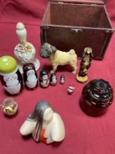 Box, assorted figurines, nesting dolls, etc. 12 pieces
