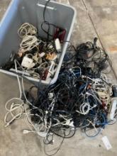 Large lot of assorted cables, computer mouse, adapters, etc. Over 80 pieces includes plastic tub