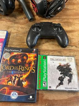 Assorted PlayStation games, headsets, controllers, microphone. 14 pieces