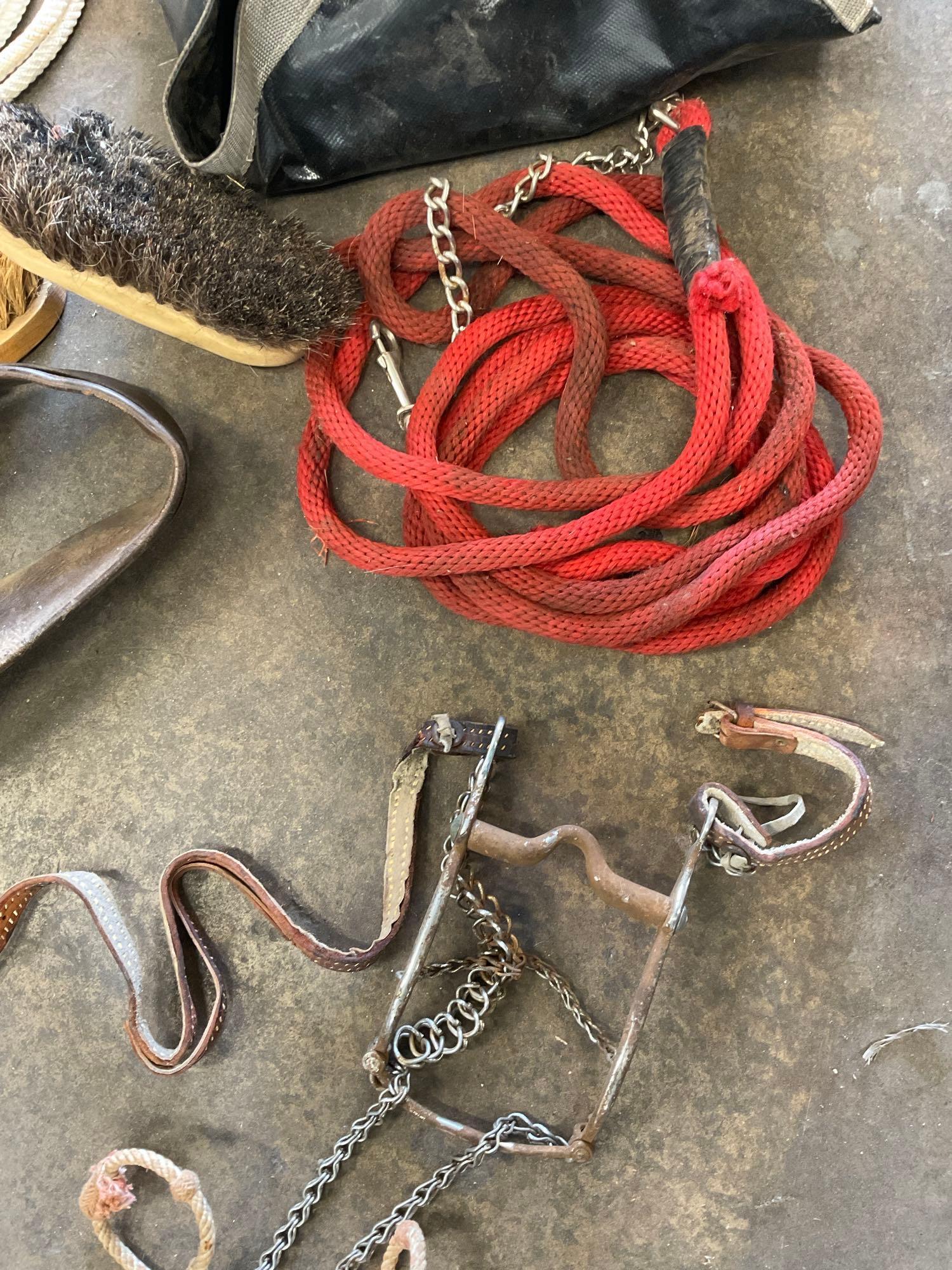 Large lot of horse items. Saddle, Tux head ropes feed bag, halters, leashes, girth, stirrup, etc.