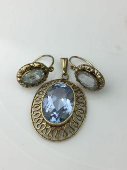 8K Yellow Gold Topaz pendant w/ earrings