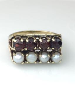 10K Yellow Gold Tourmaline and Pearl Ring