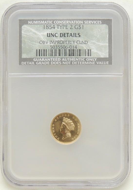 1854 Type 2 Liberty Head $1 Gold Piece UNC details