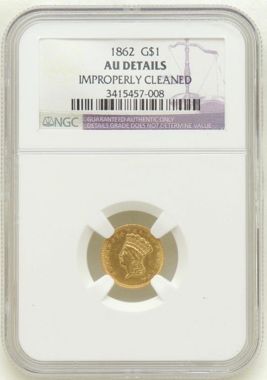 1862 Liberty Head $1 Gold Piece AU details