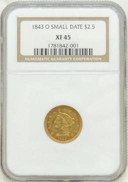 1843-O Liberty Head $2.50 Gold Piece/small date XF45